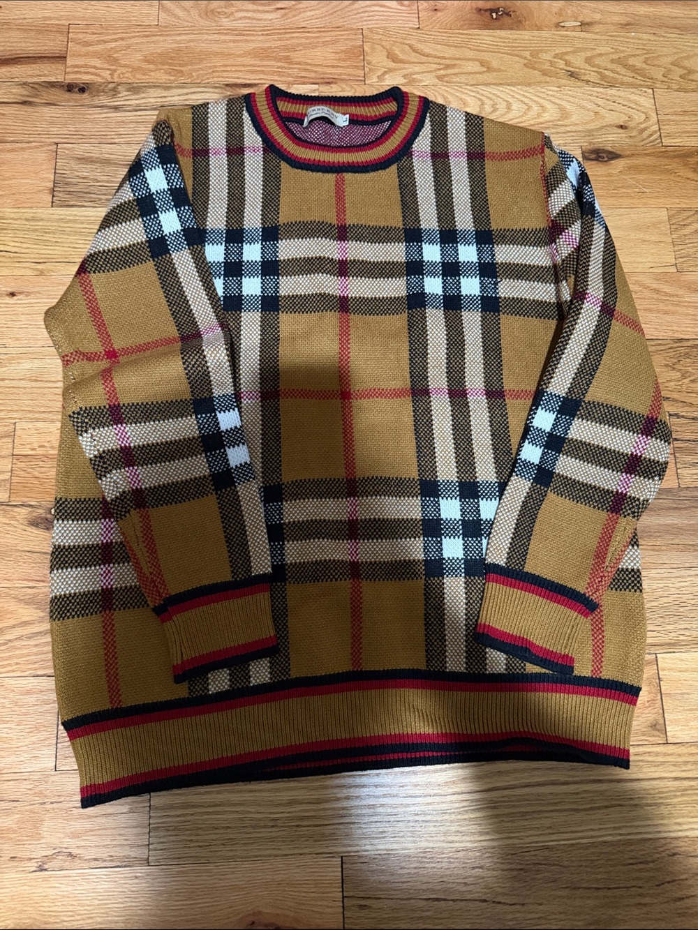 Burberry Mustard Plaid Crewneck Sweater with Black & White Accents